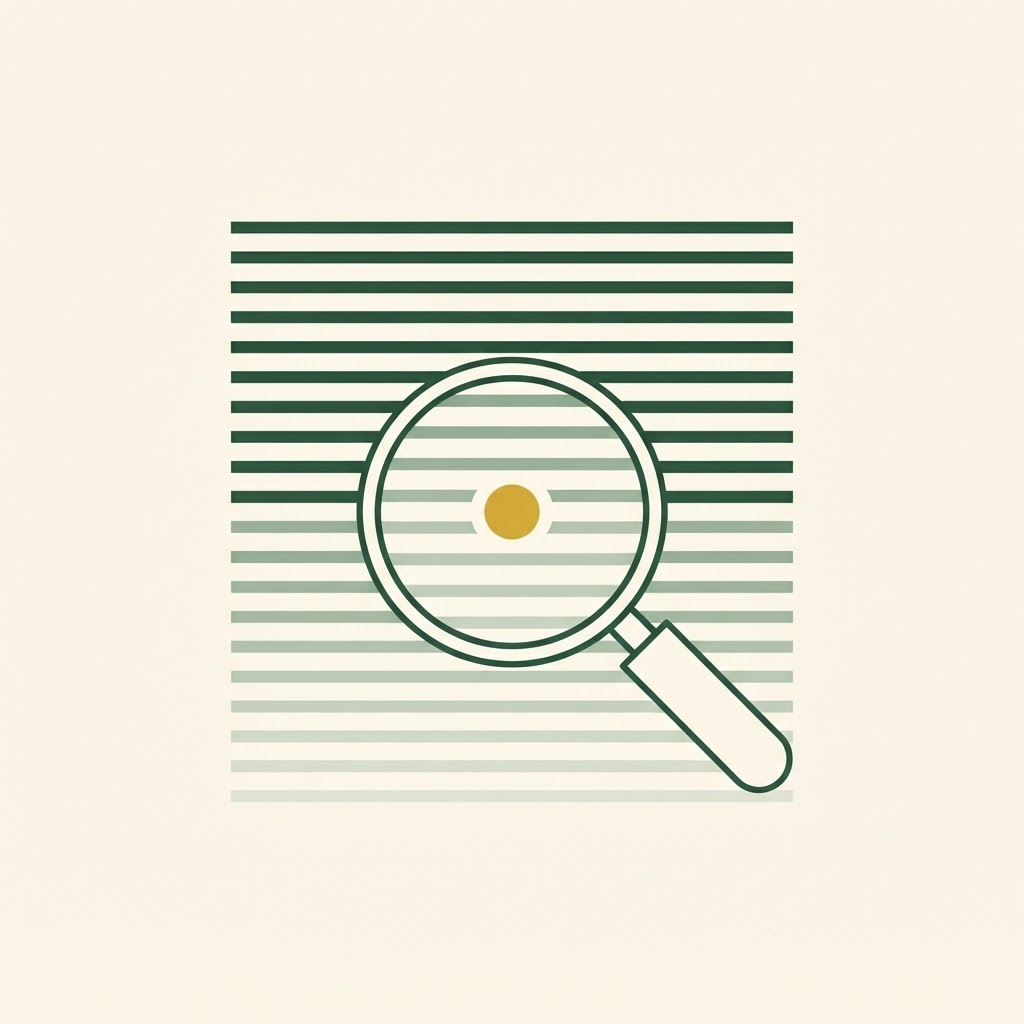 A magnifying glass moving down stacked lines of text, marking the point where it stopped.