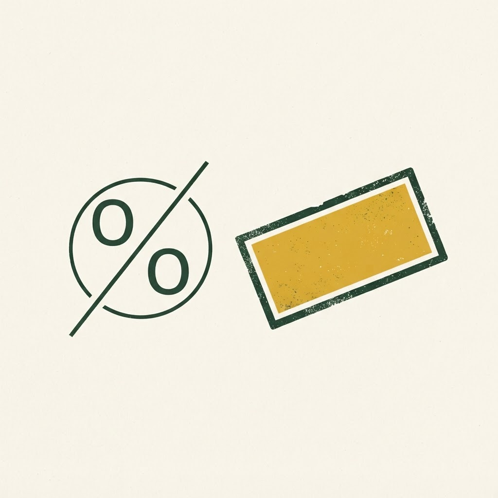 A crossed-out percentage symbol beside a bold stamp mark.